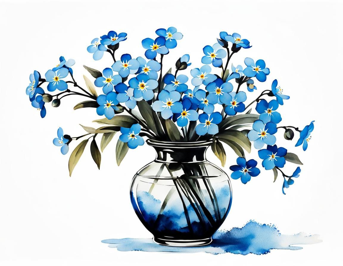 Forget-Me-Nots in Vase, Ink Wash Painting