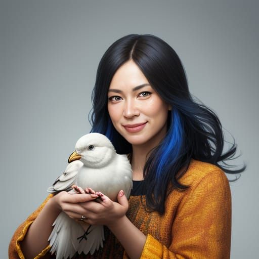 Woman Holding Grumpy Chick in Vibrant Splash Art Style