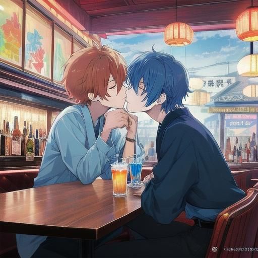 Anime Boys Kissing in a Bar Scene