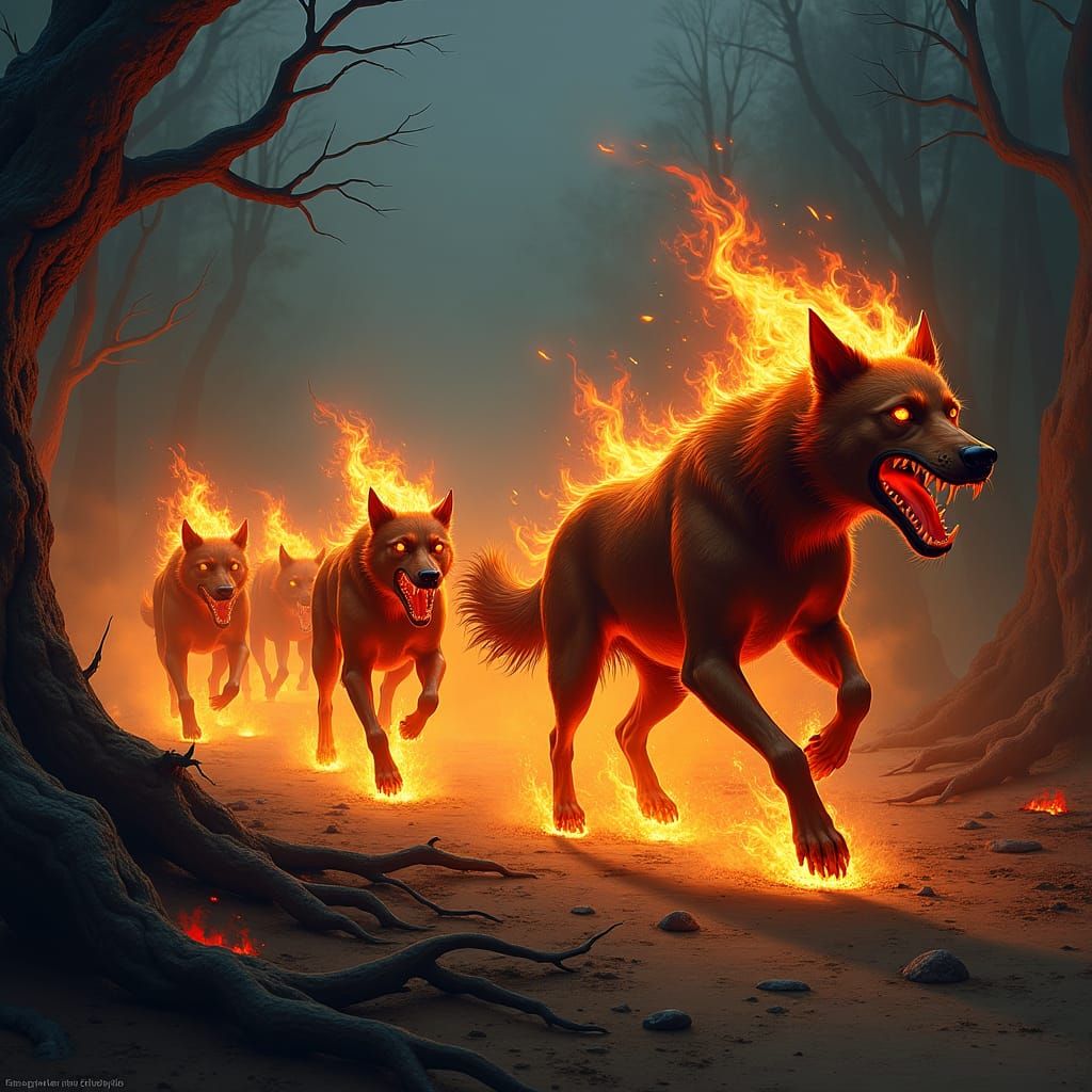 Hellish Fire Dogs Attack in Gothic Surrealism