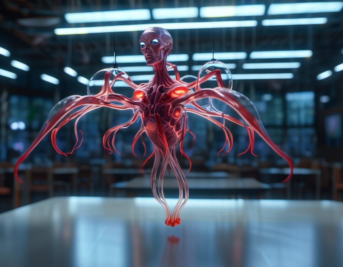 Luminous Multi-Armed Being in Dark Lab, Surrealist Art