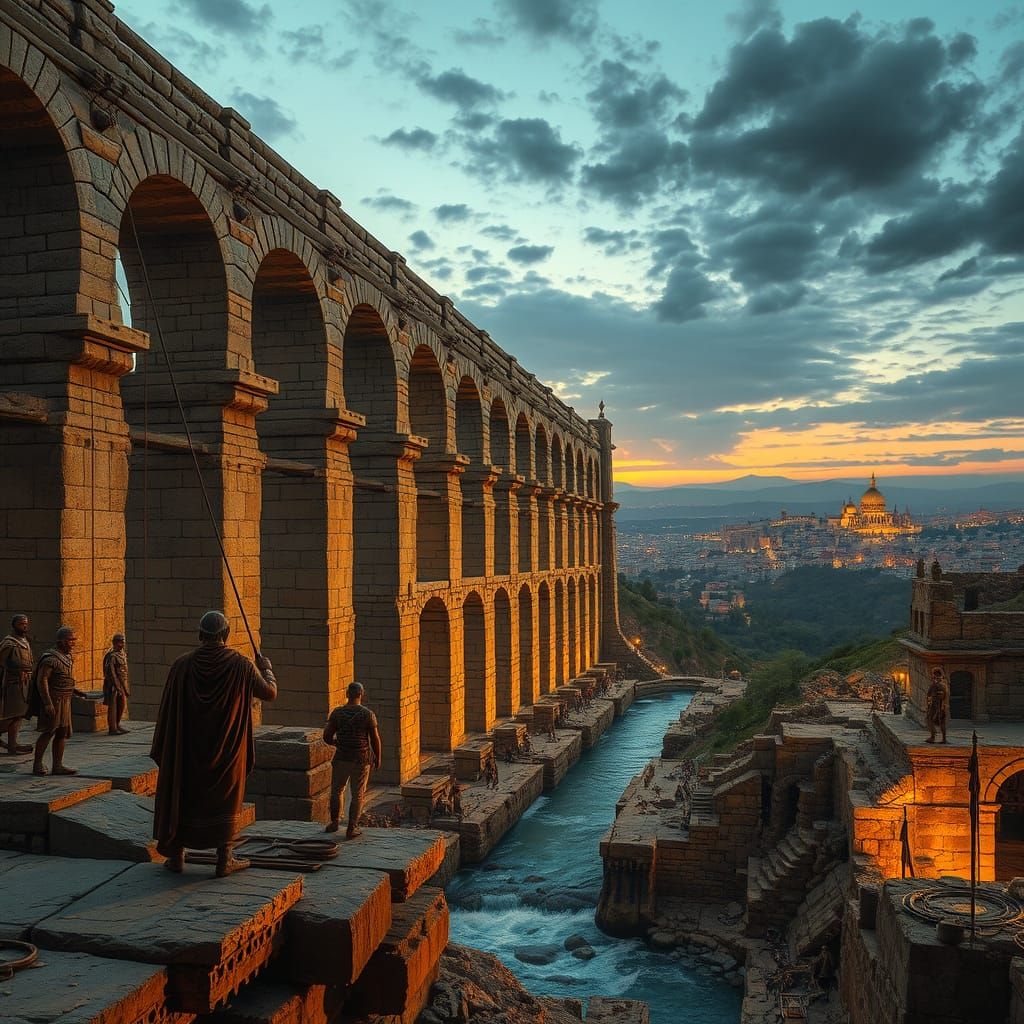 Roman Engineers Constructing Colossal Aqueduct