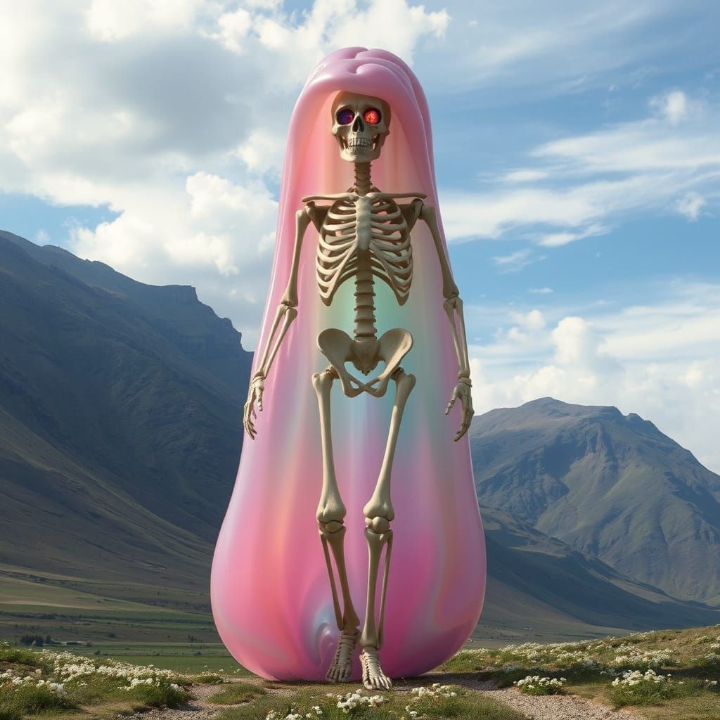 Giant Multicolored Slime Creature in a Shifting Valley