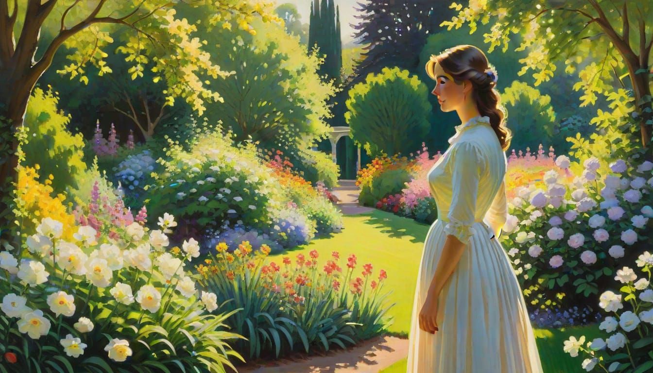 Impressionist Garden Scene with Woman in Monet Style