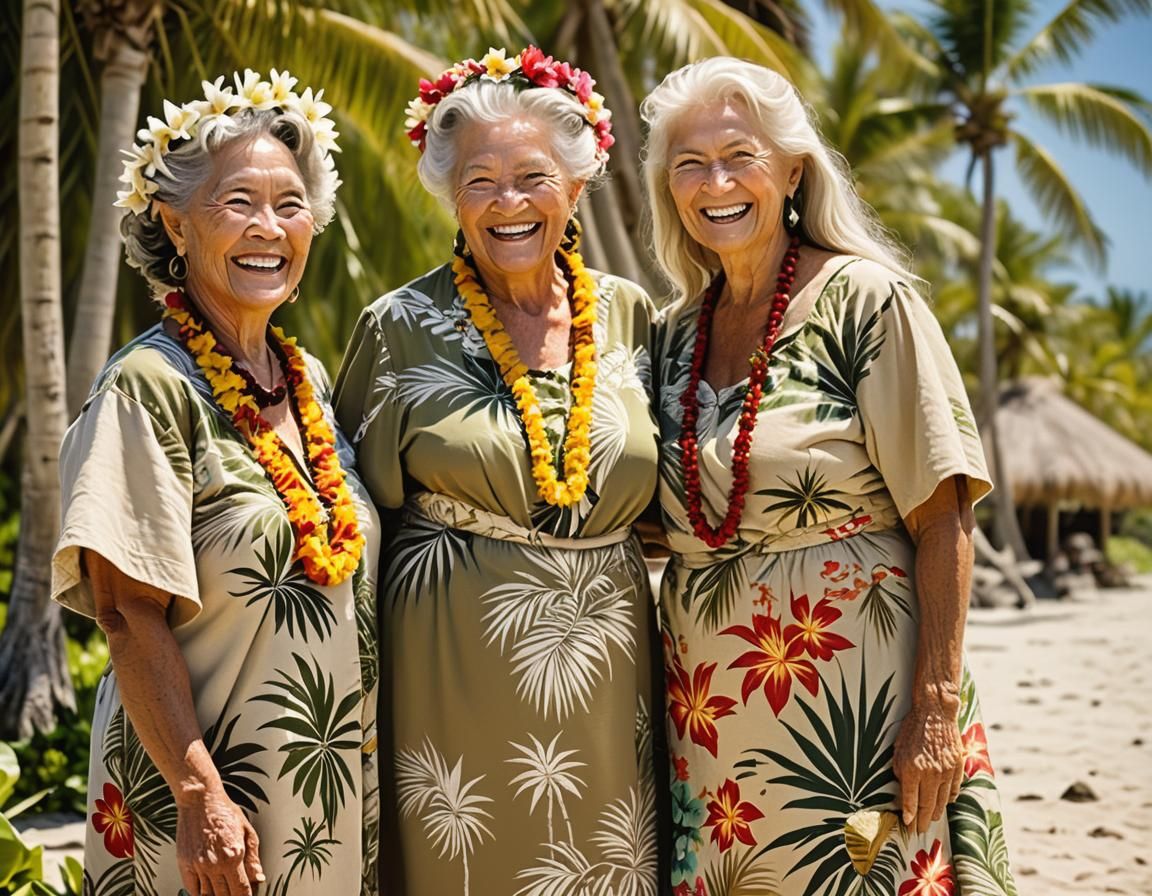 Elderly smiling wizard woman in a flowered Hawai'ian muumuu ...