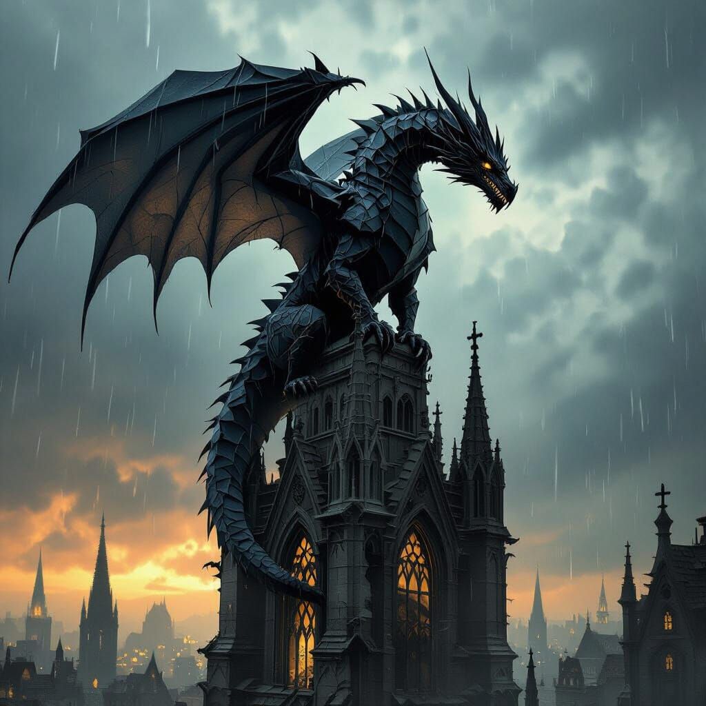 Bio-luminescent Dragon on Gothic Cathedral Spire