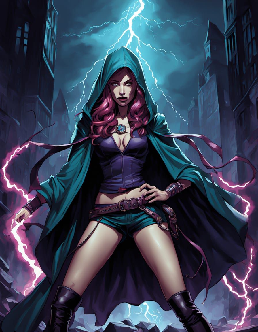 Gothic Comic Book Woman with Lightning