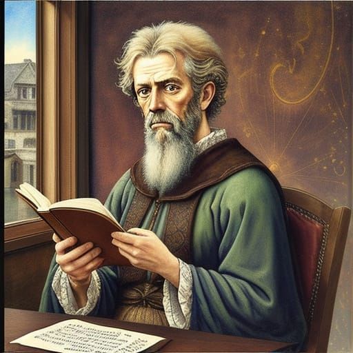 Surrealist Coffee Shop Scene with Pericles Reading Scrolls