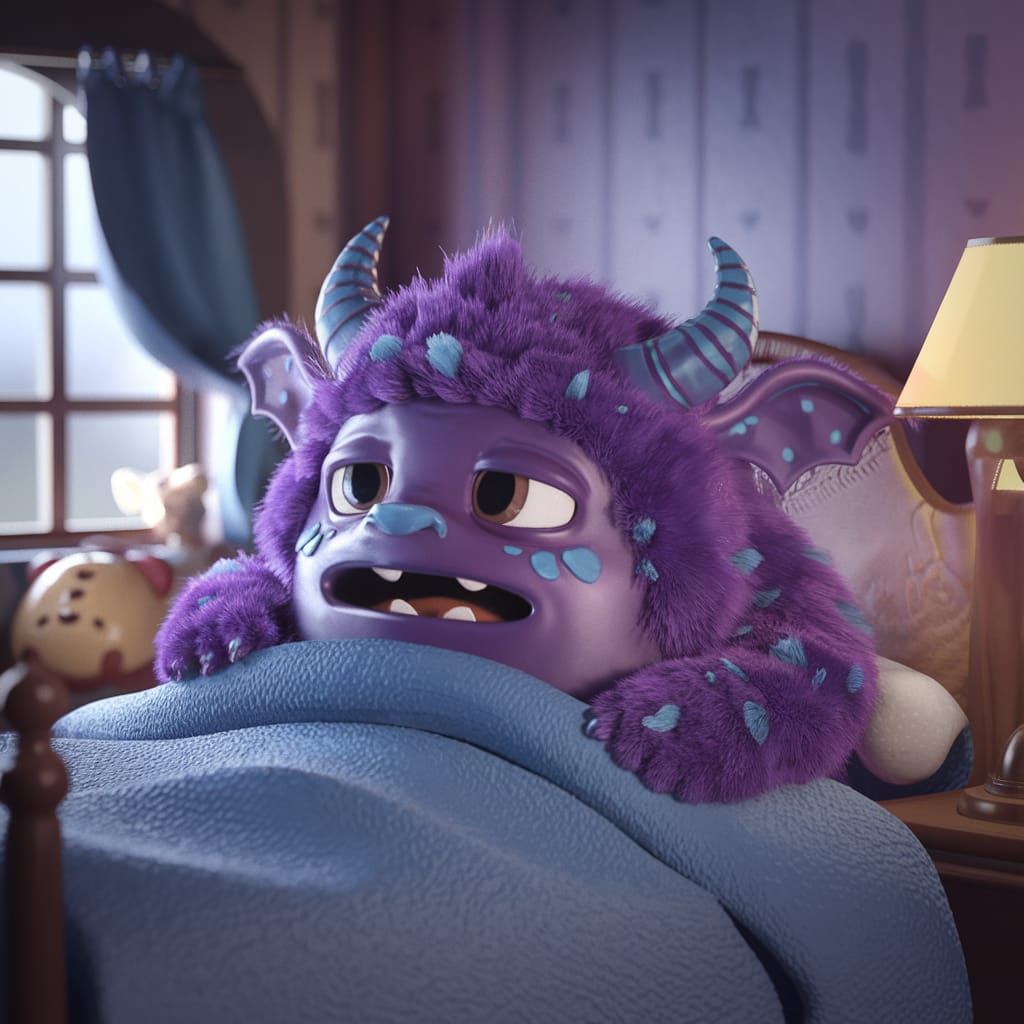Sad Purple Monster Crying Under Bed Covers in 3D Cartoon Sty...