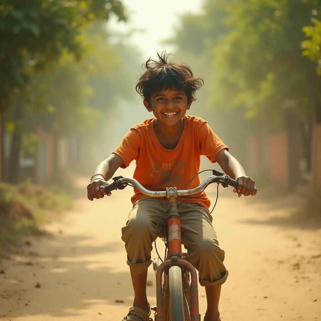 Young Indian Boy Riding a Vintage Bicycle in a Sun-Drenched ...