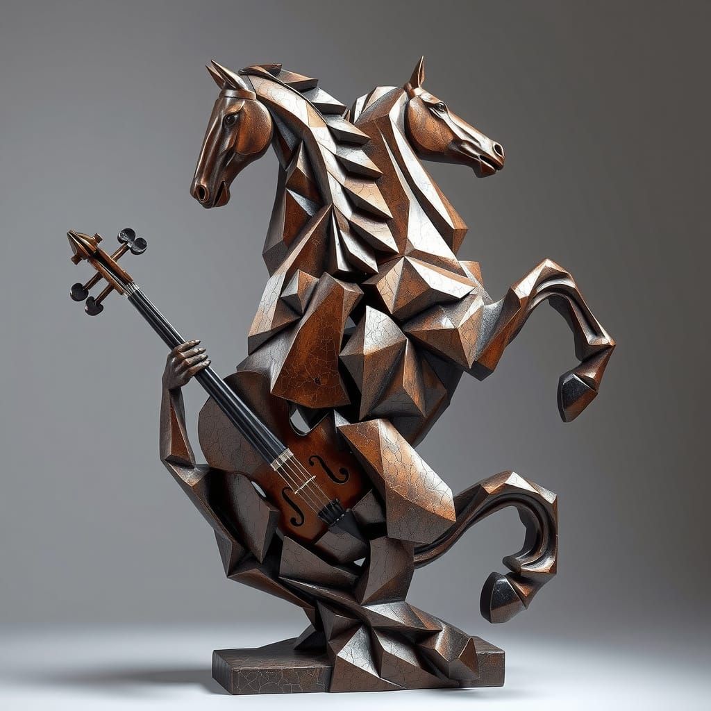 Cubist Bronze Sculpture of Violin and Stallion