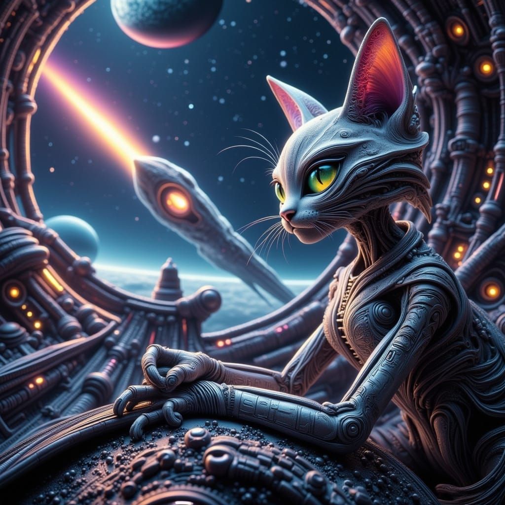 Alien Cat Observes Rocket in Biopunk Style