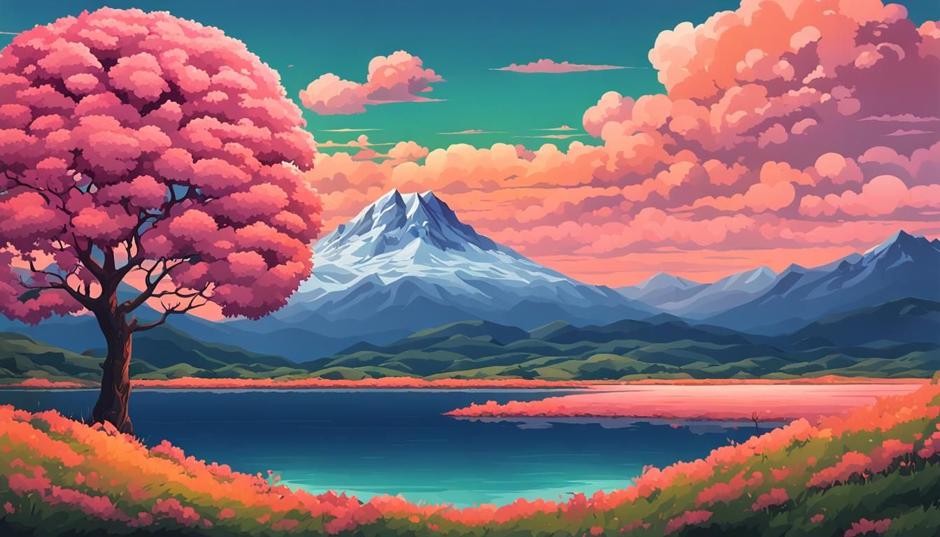16-Bit Landscape with Pink Tree and Lake