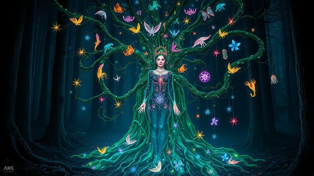 Mystical Blodeuwedd Goddess Emerges from Dark Forest in Vibr...