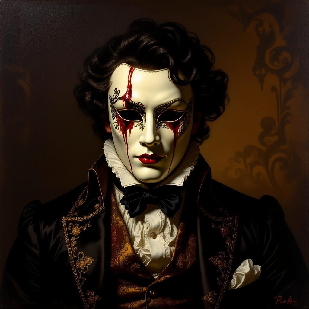 Melancholic Man in Weeping Blood Venetian Mask