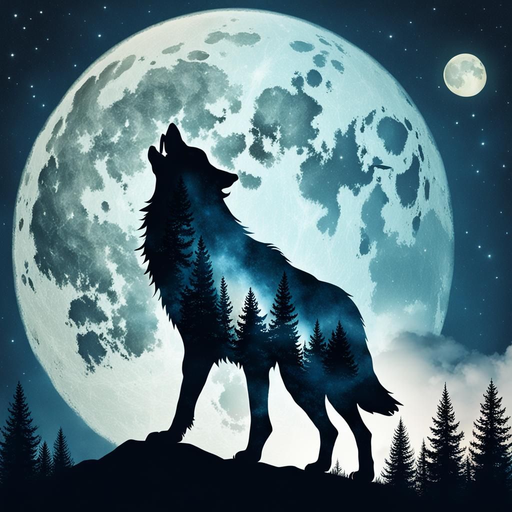Wolf Howling at Moon Double Exposure
