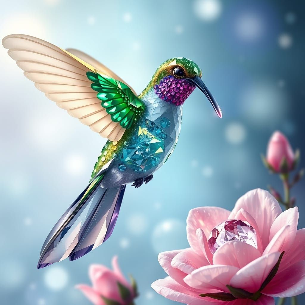Gemstone Hummingbird Sipping Nectar: Art Nouveau Style