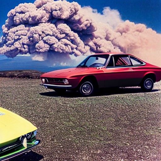 Sports Cars Fleeing Erupting Volcano