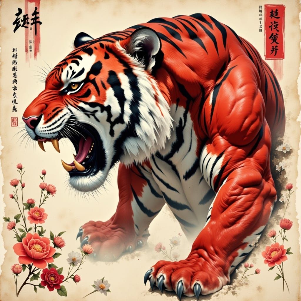 Fearsome Tiger Portrait in East Asian Poster Art Style