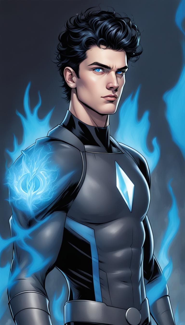 Realistic Superhero with Blue Fire Comic Art