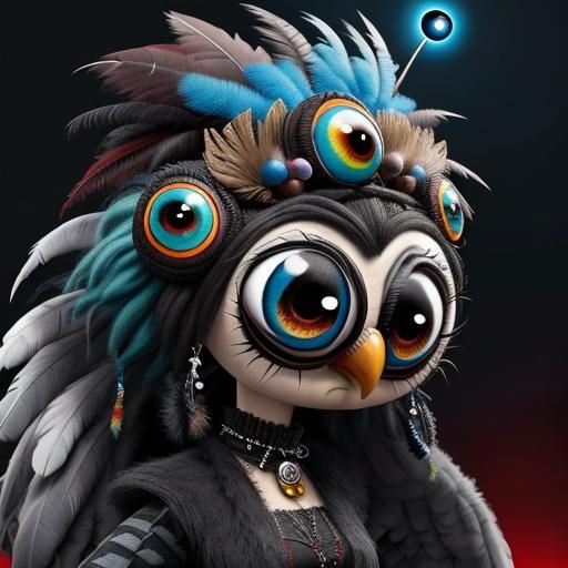 Cute Googly-Eyed Owl in Gothic-Punk Style