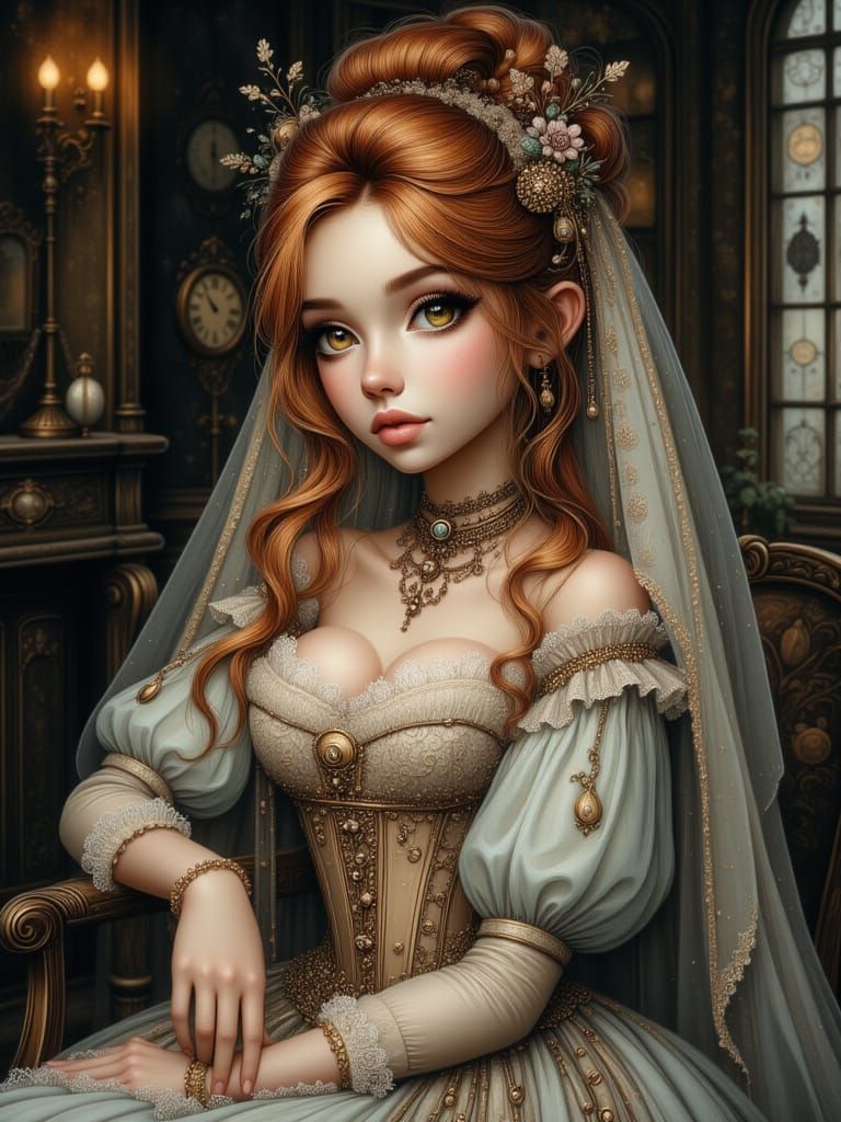 Elegant Redhead in Historical Gown with Floral Adornments