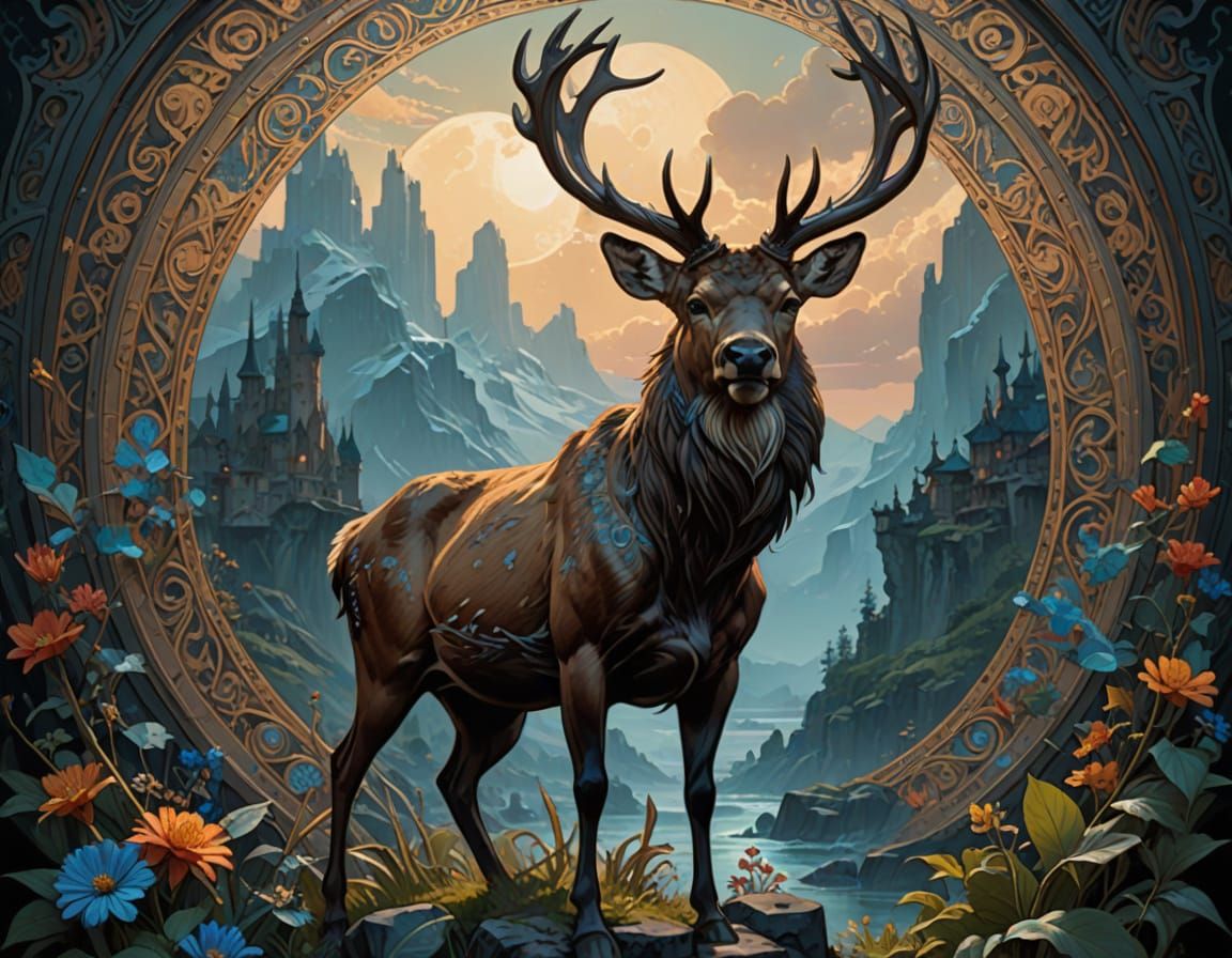 Stag with Tribal Tattoos: Dark Fantasy Portrait