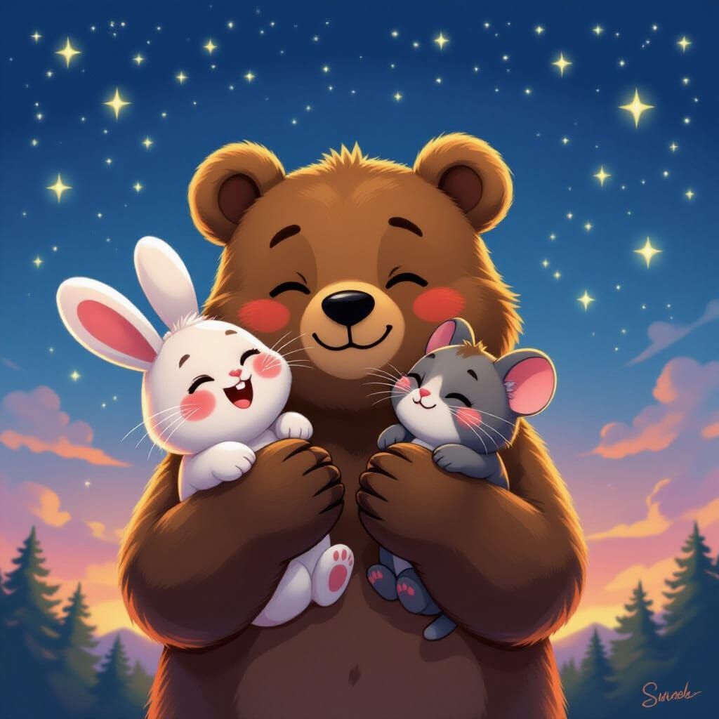 Cute Hybrid Creature Cradled by Bear Paws Under Starry Night