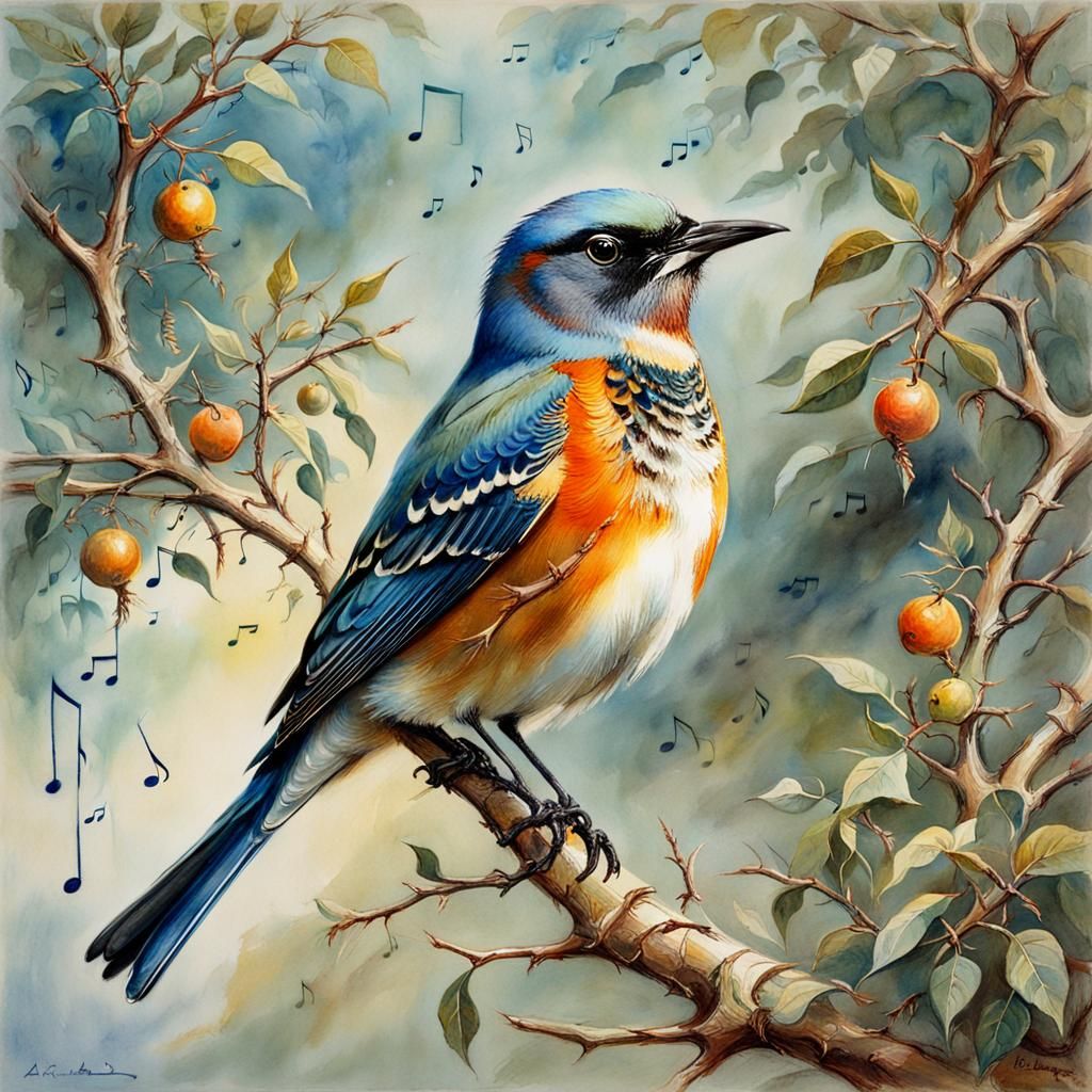 Thorn Bird with Musical Notes: Watercolor Fantasy