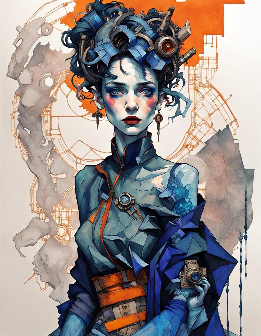 Cyberpunk Princess with Cobalt Skin in Art Nouveau Style
