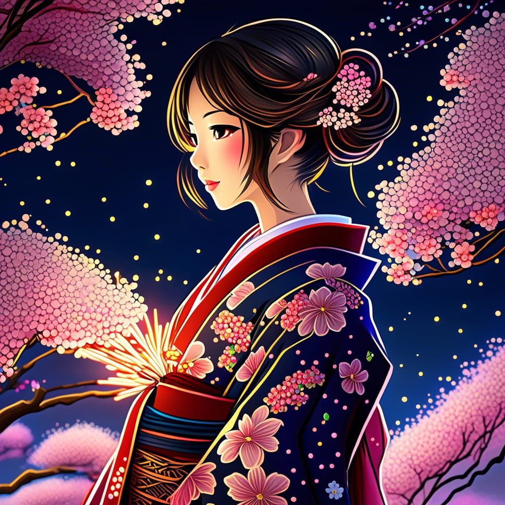 Kimono Woman Watching Fireworks in Anime Style