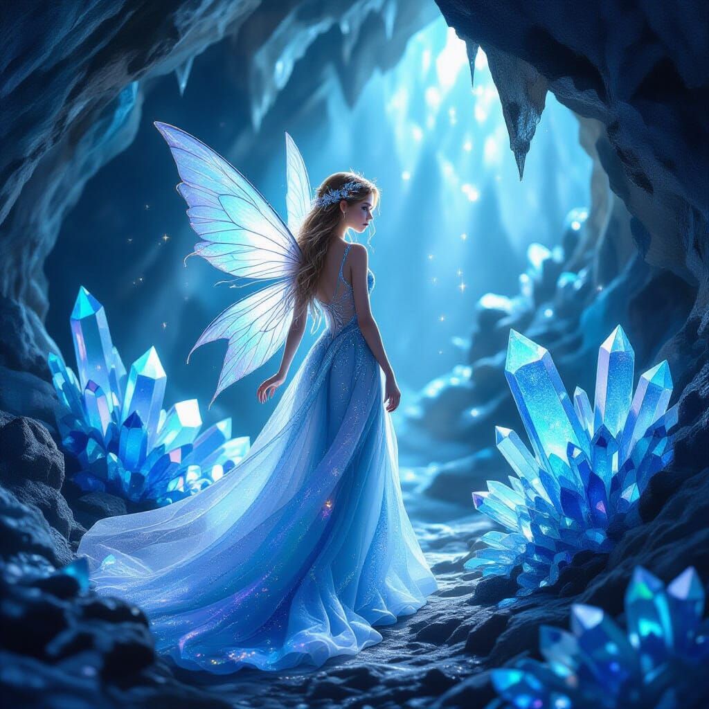 Ethereal Fairy in a Crystalline Sapphire Cave
