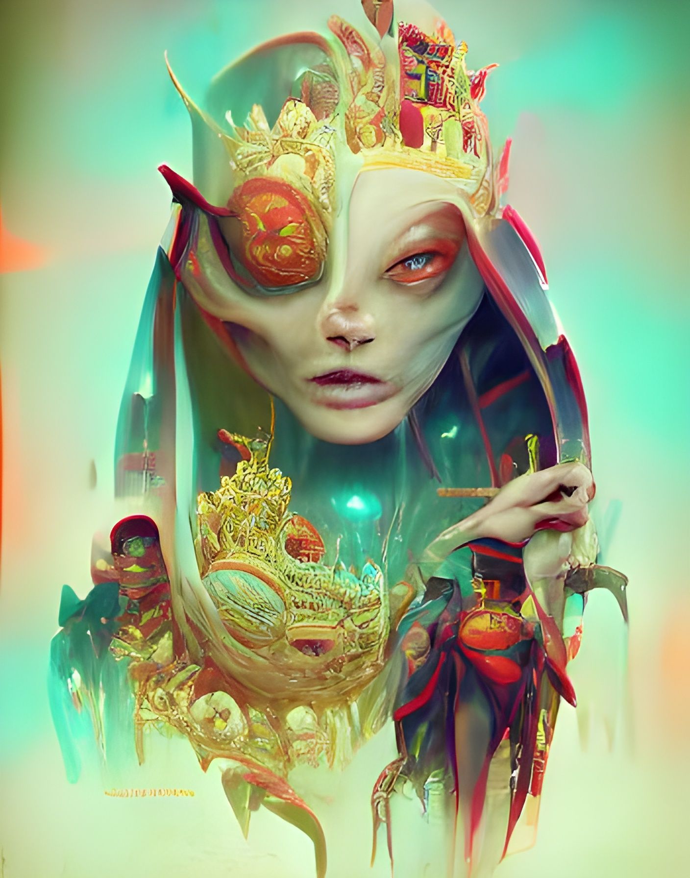 Vibrant Sci-Fi Alien Empress in Maximalist Fantasy Style