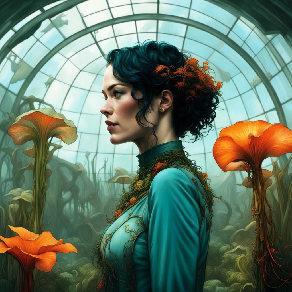 Botanist in Venusian Greenhouse with Carnivorous Plants