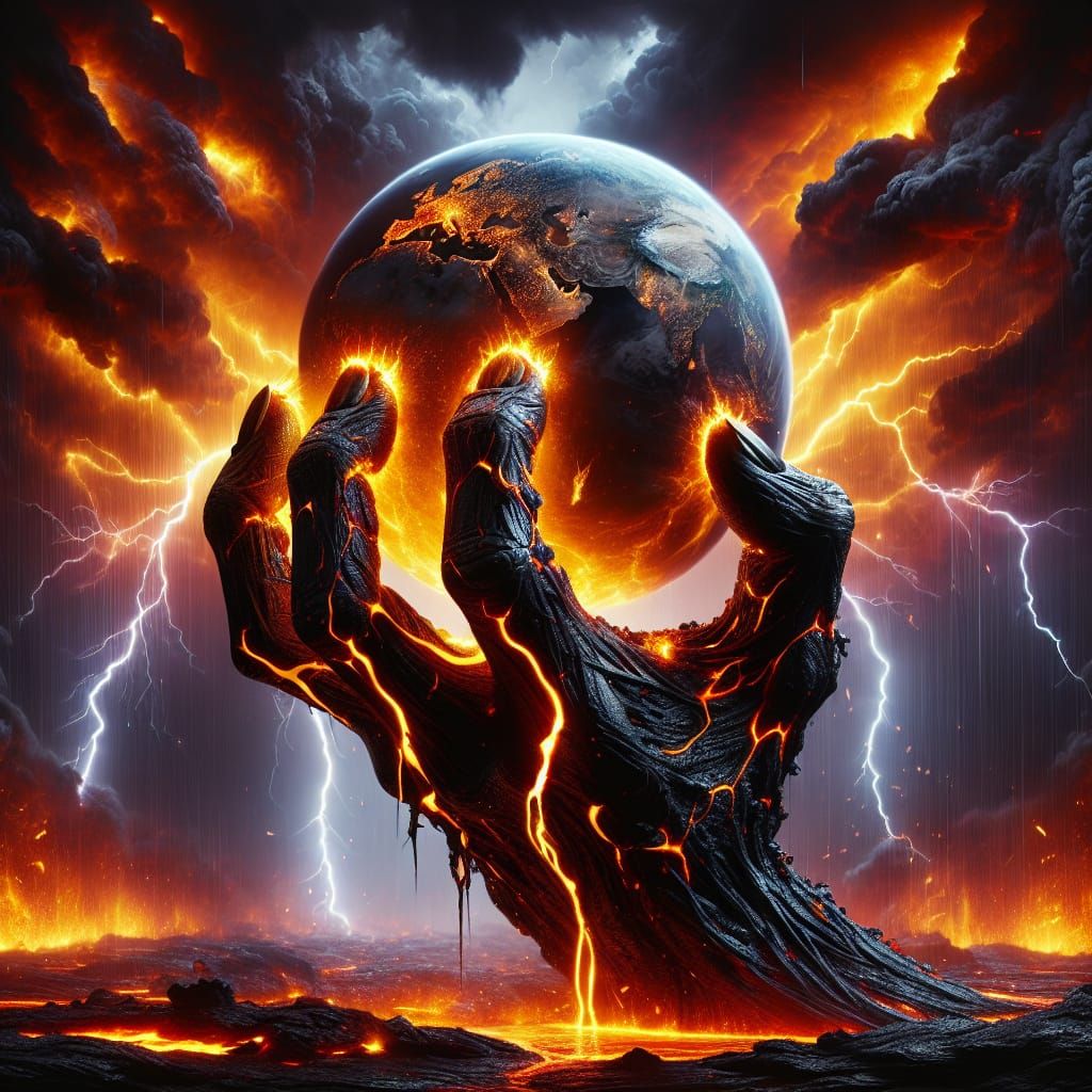 Apocalyptic Hand of Lava Holds the Earth in a Hyperrealistic...