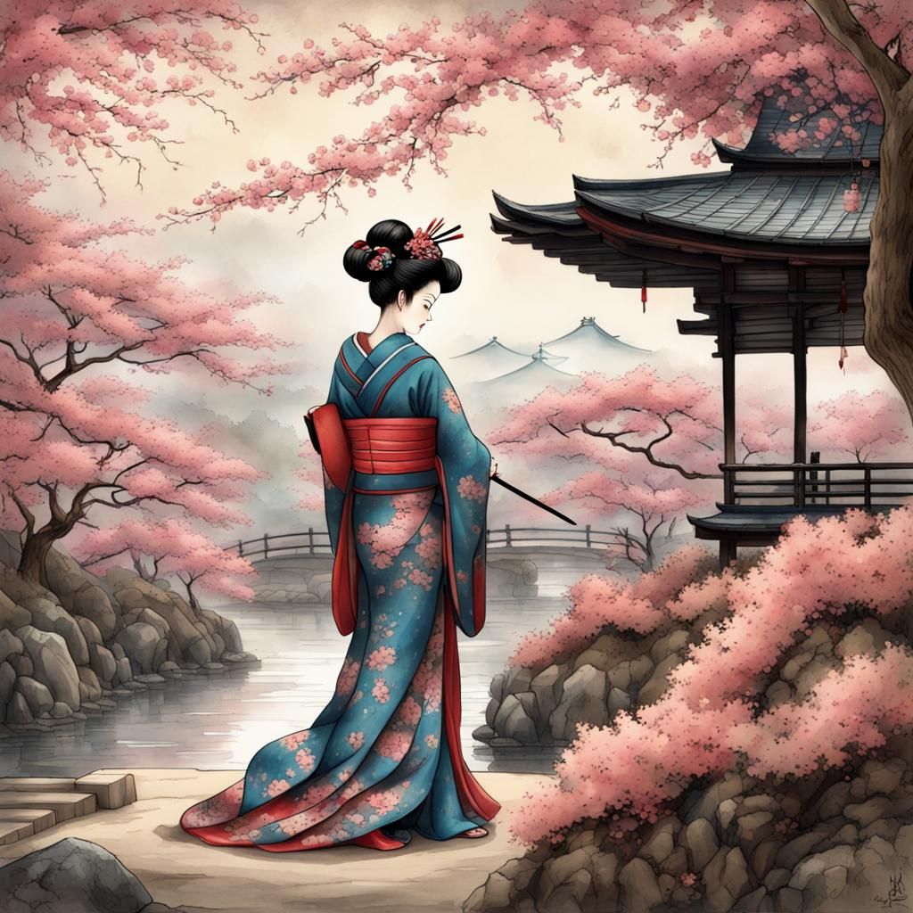 Geisha in Japanese Garden on Parchment