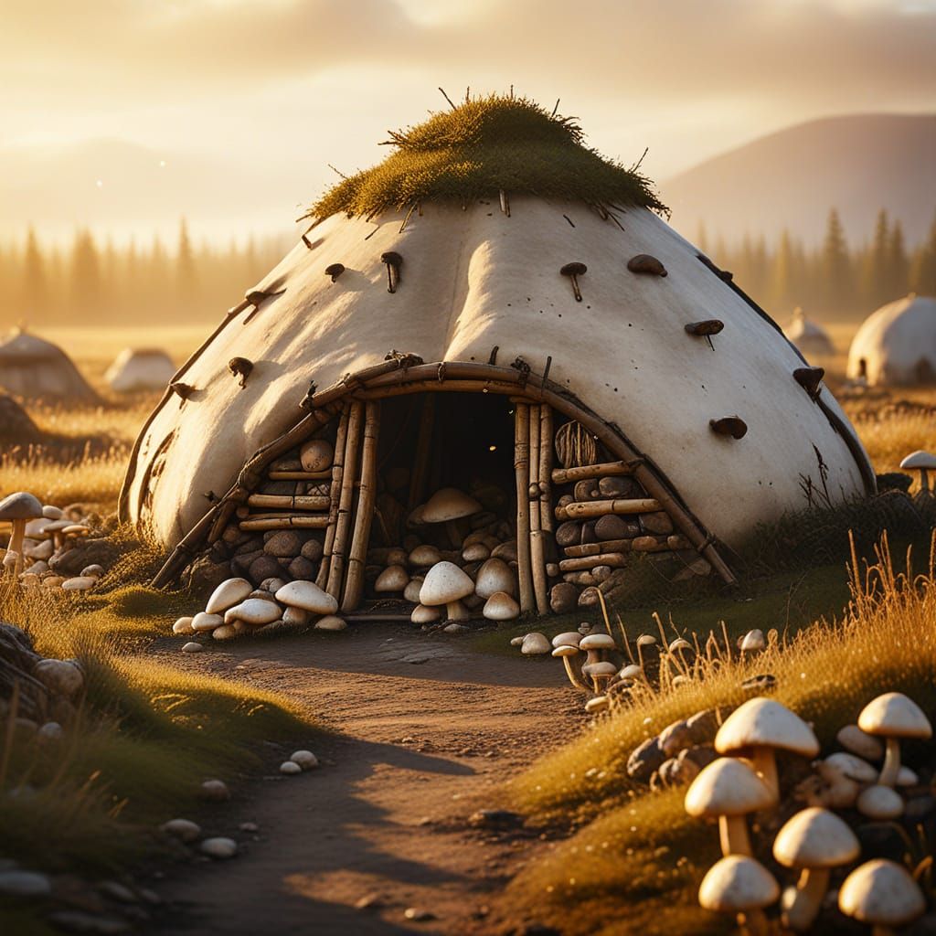 Traditional Inuit Sweat Lodge in a Serene Mushroom Field