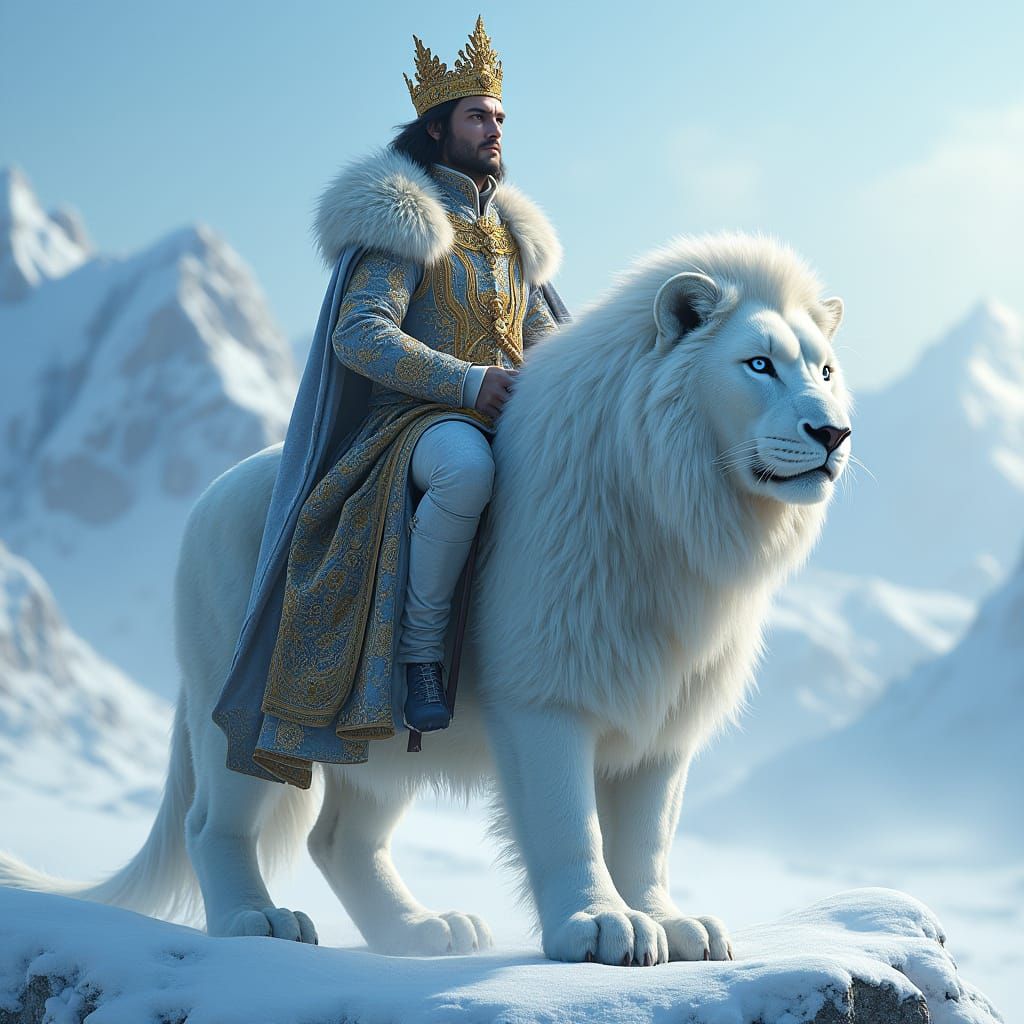 Majestic Monarch on Snow Lion, in Detailed Fantasy Style