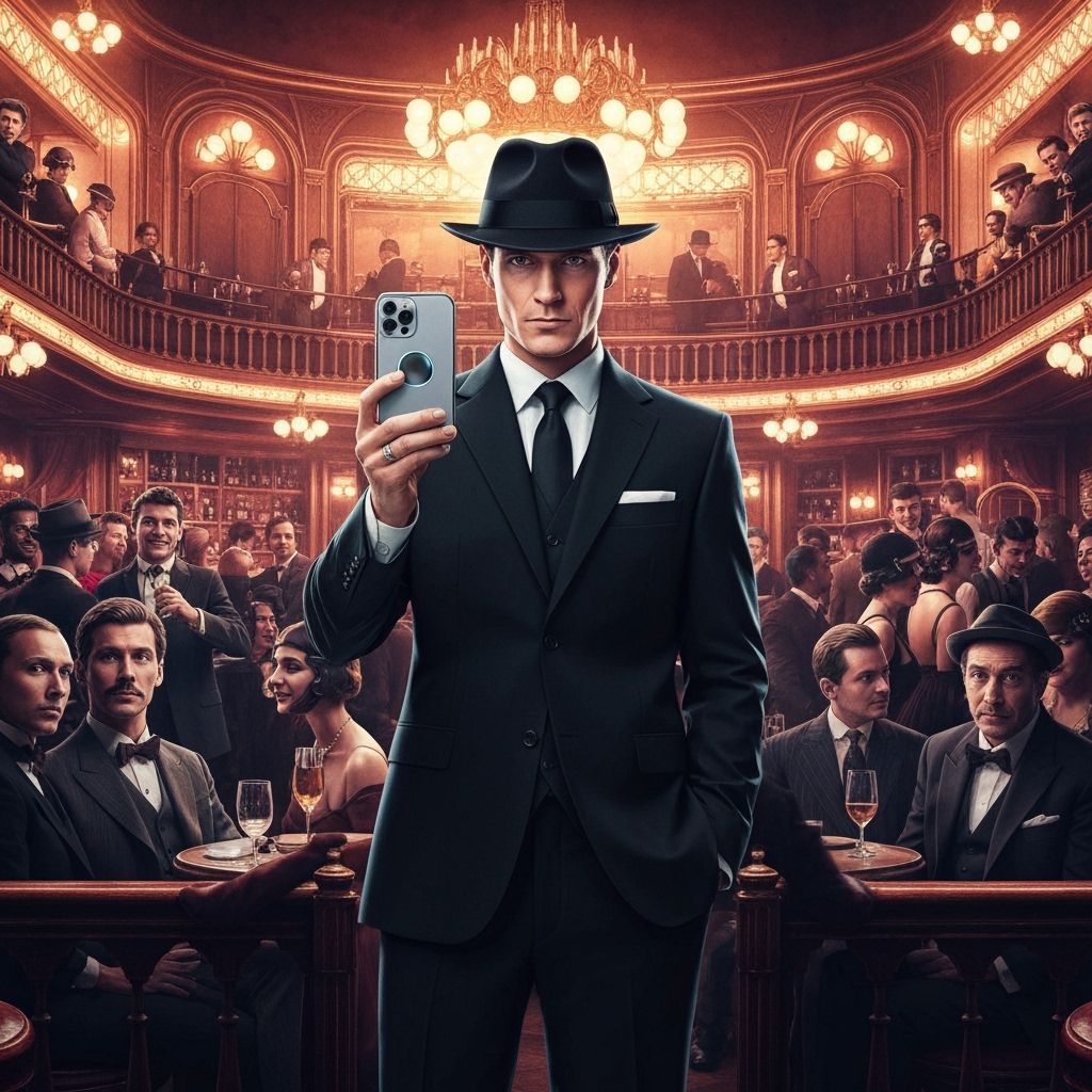 Time Traveler with iPhone in Retrofuturistic Style