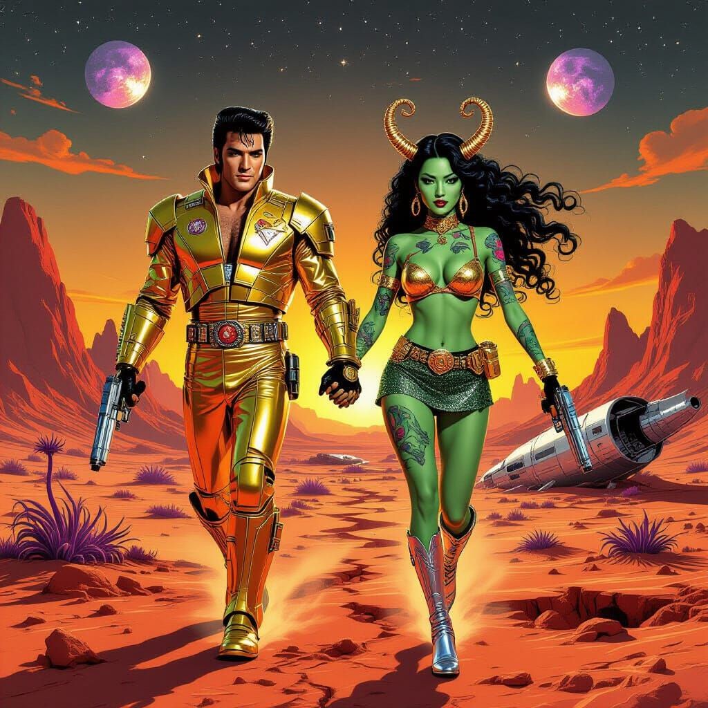 Elvis and Alien Companion on Distant Planet