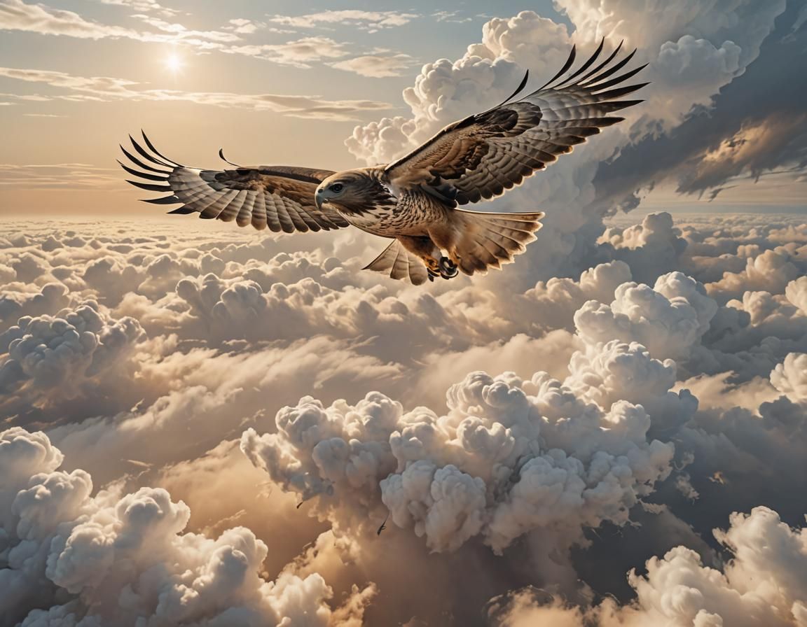 Hawk Soaring Through Clouds in Atmospheric Light