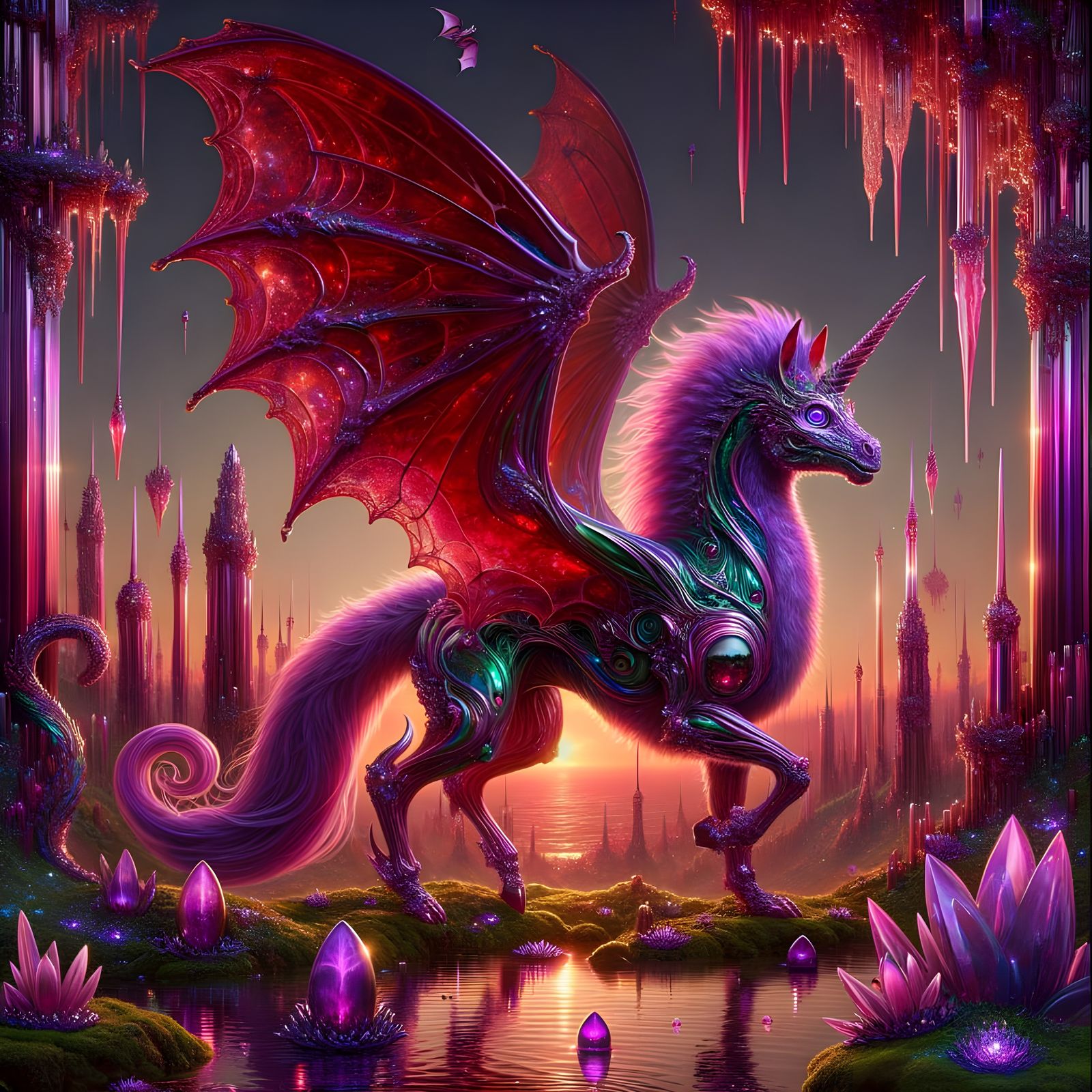 Surreal Dragon Unicorn in Iridescent Forest Glade