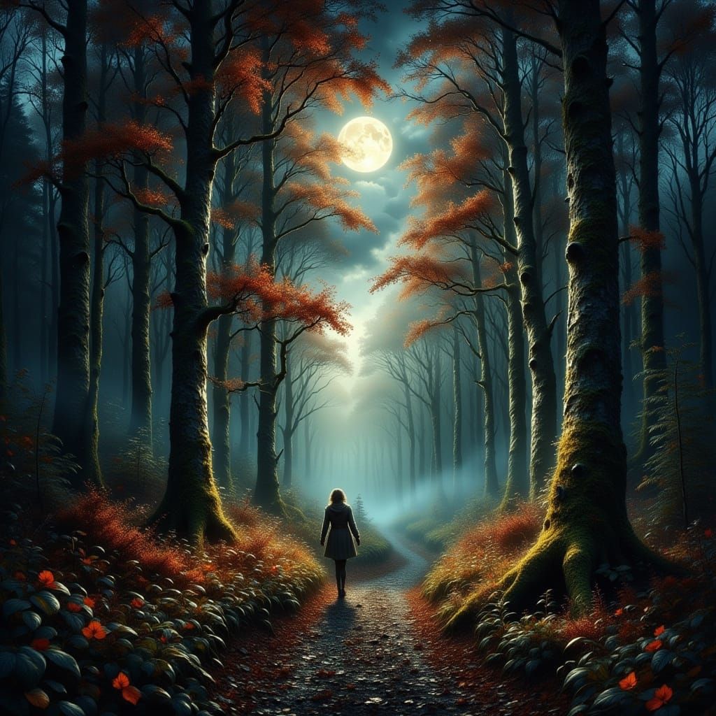 Mystical Autumn Forest at Night in Gothic Style