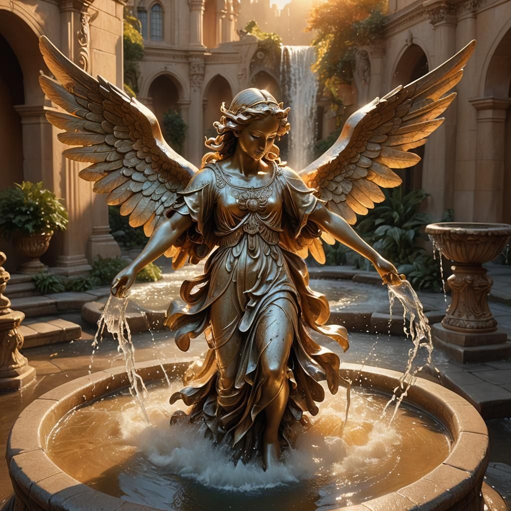 Angel Statue Fountain in Golden Hour Light