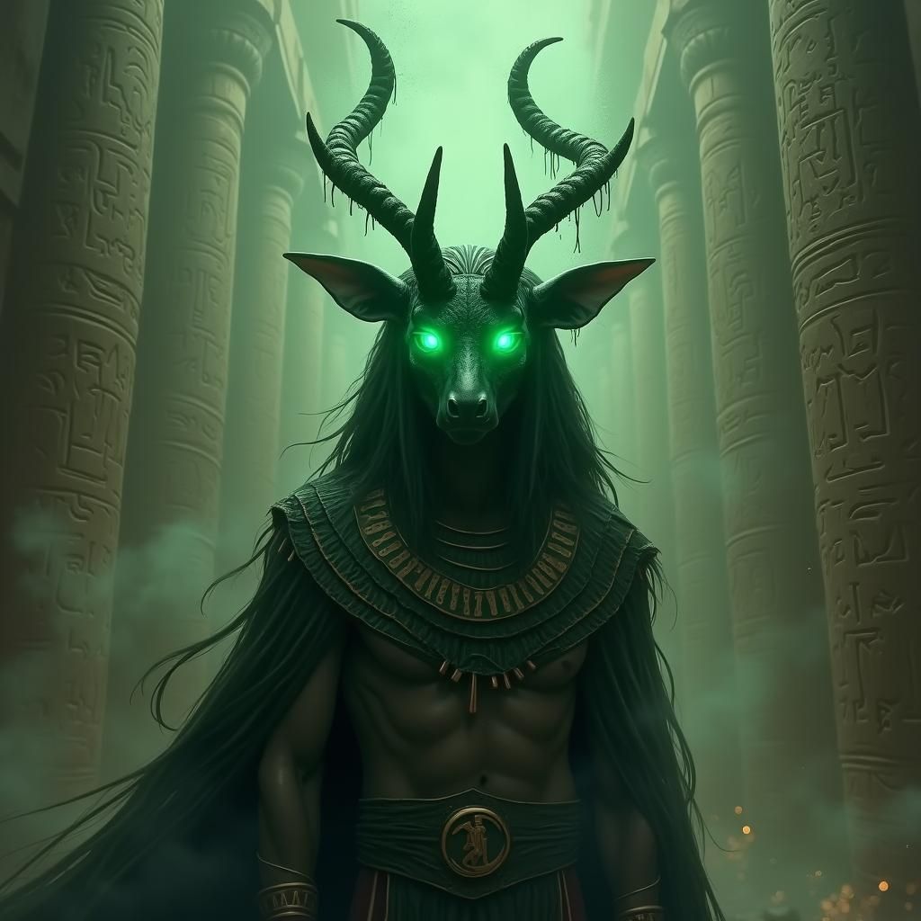 Anubis with Glowing Eyes in Ancient Setting