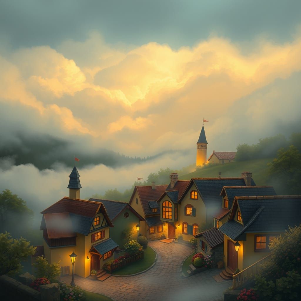 Misty Village Valley: Painterly Nostalgic Scene