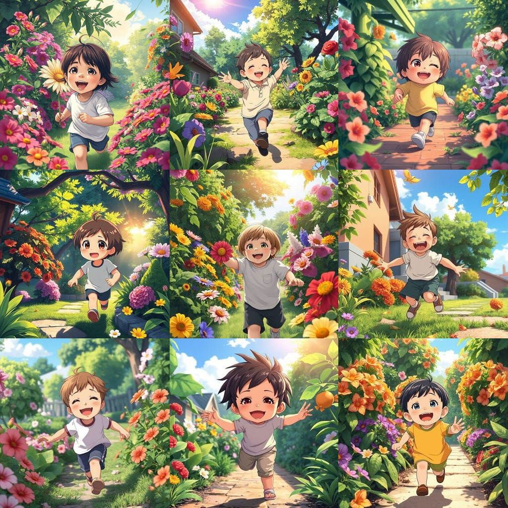 Joyful Kid Running Through Garden in Anime Style