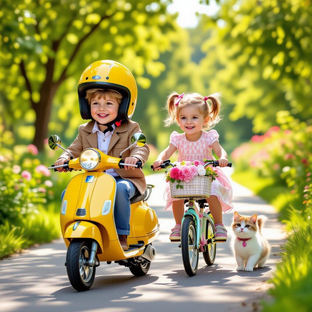 Boy and Girl on Bikes in Sunny Park