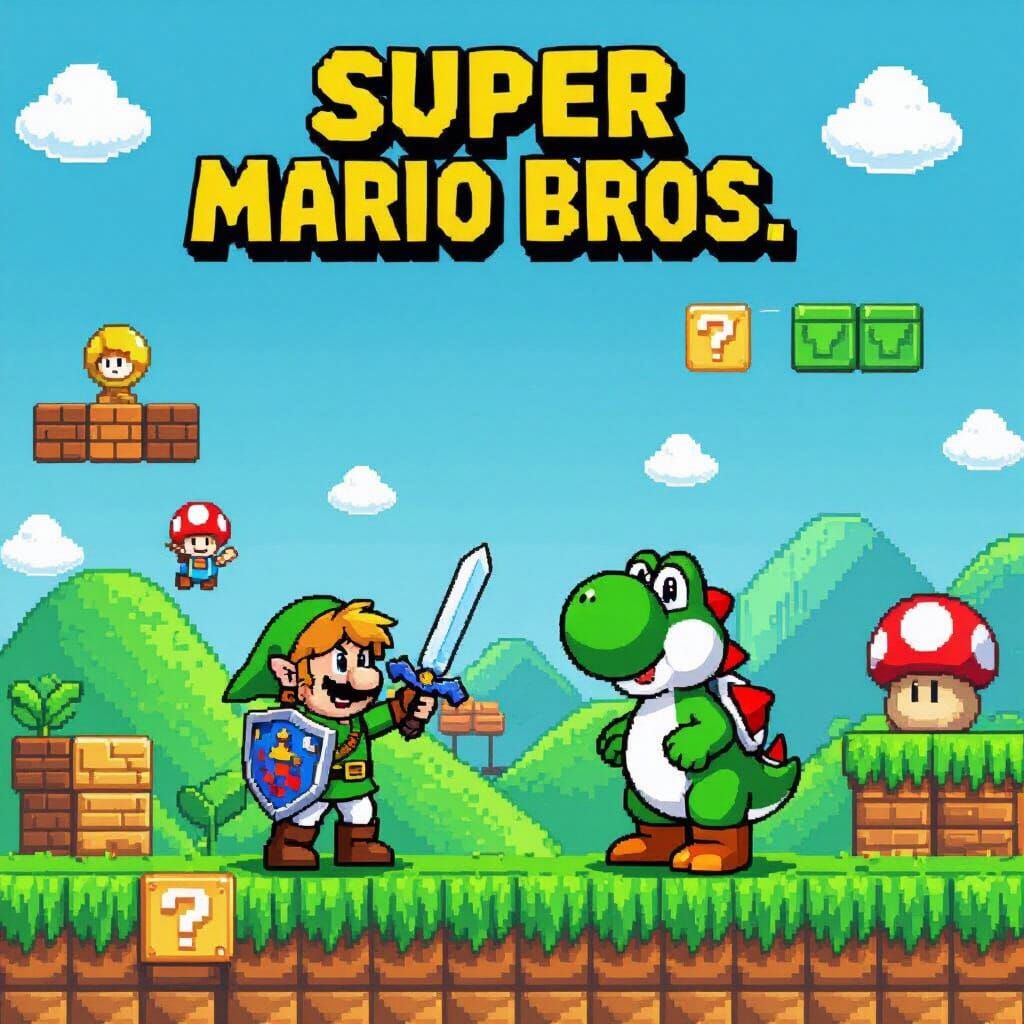 Mario World Adventure with Link and Yoshi in Pixel Art