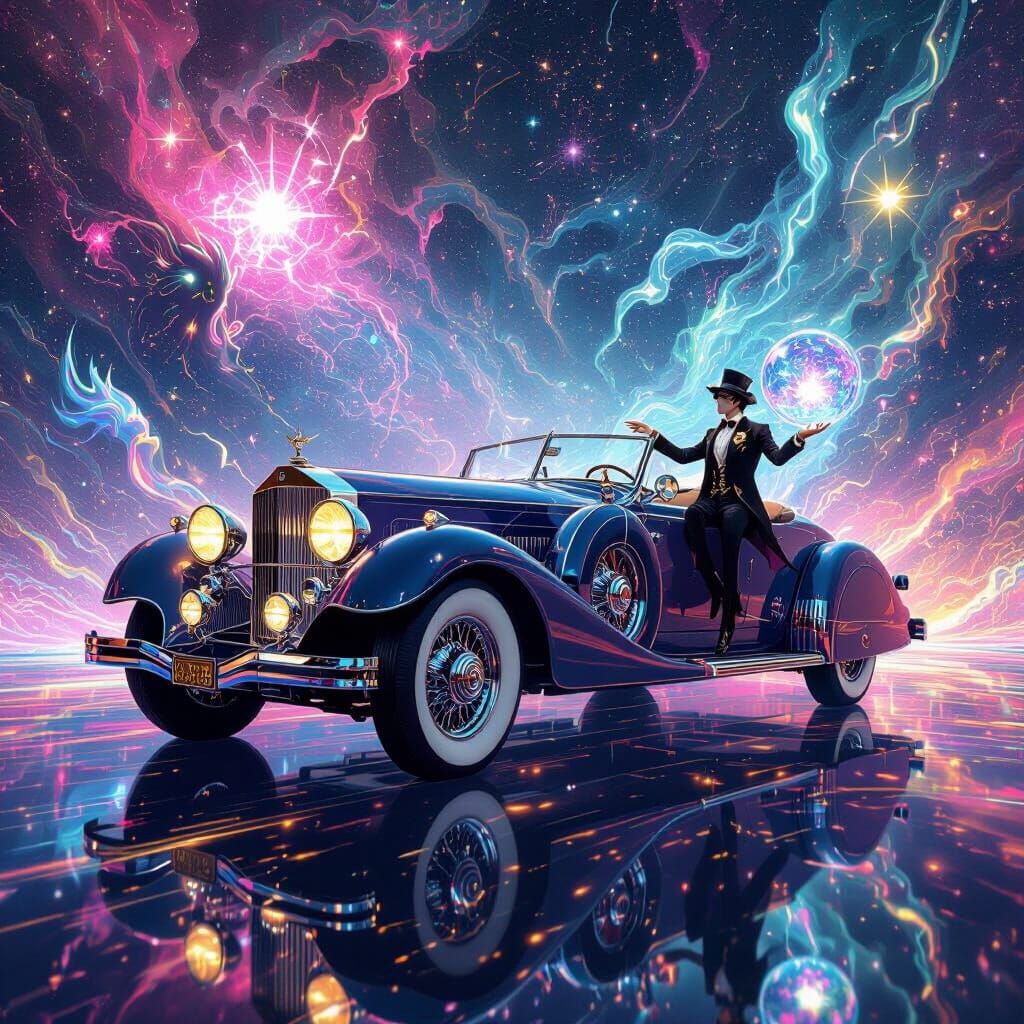 Elegant Antique Car in Neon Galaxy, Anime Fantasy Style